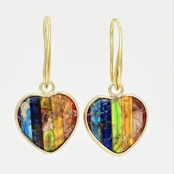 🌈PRIDE 2024🌈HEART Shaped Rainbow Dangle earrings made of natural stone - Picture 2 of 4